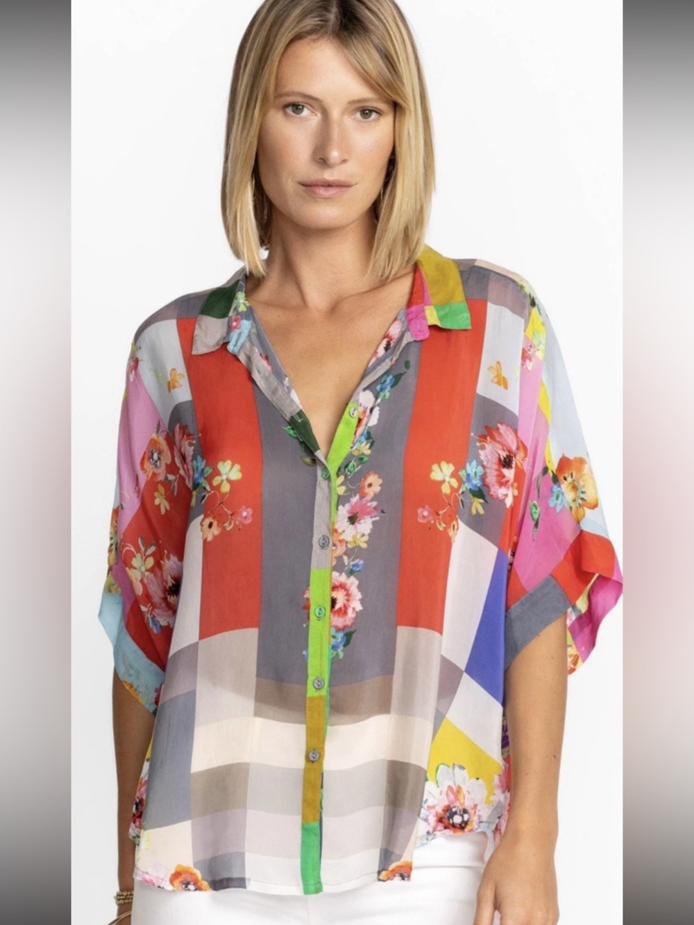 LN $200 WOMENS SMALL MEDIUM LARGE (bust 46”) JOHNNY WAS LYNN CUPRA RAYON SHIRT